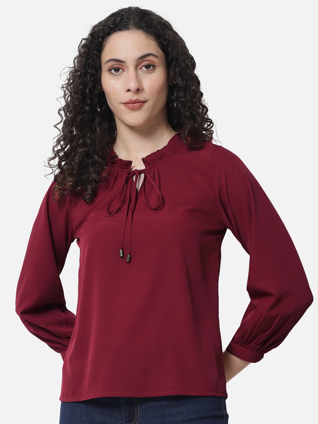 

ALL WAYS YOU Puff Sleeves Tie-Up Neck Ruffled Top, Red