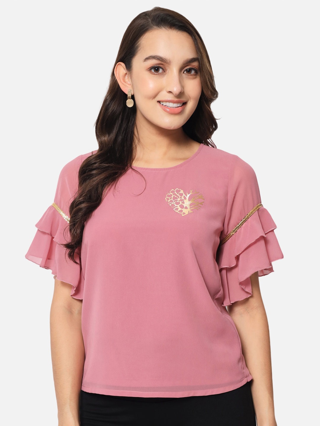 

ALL WAYS YOU Graphic Printed Bell Ruffled Sleeves Top, Pink