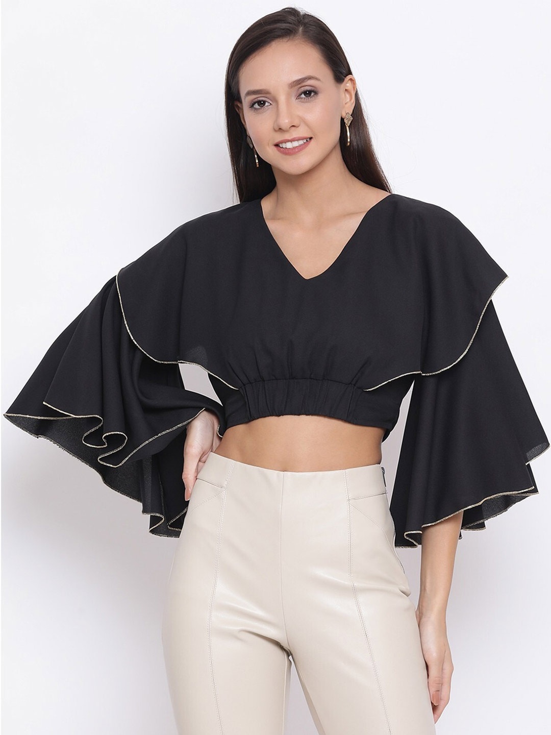 

ALL WAYS YOU Flared Sleeves V-Neck Layered Blouson Crop Top, Black