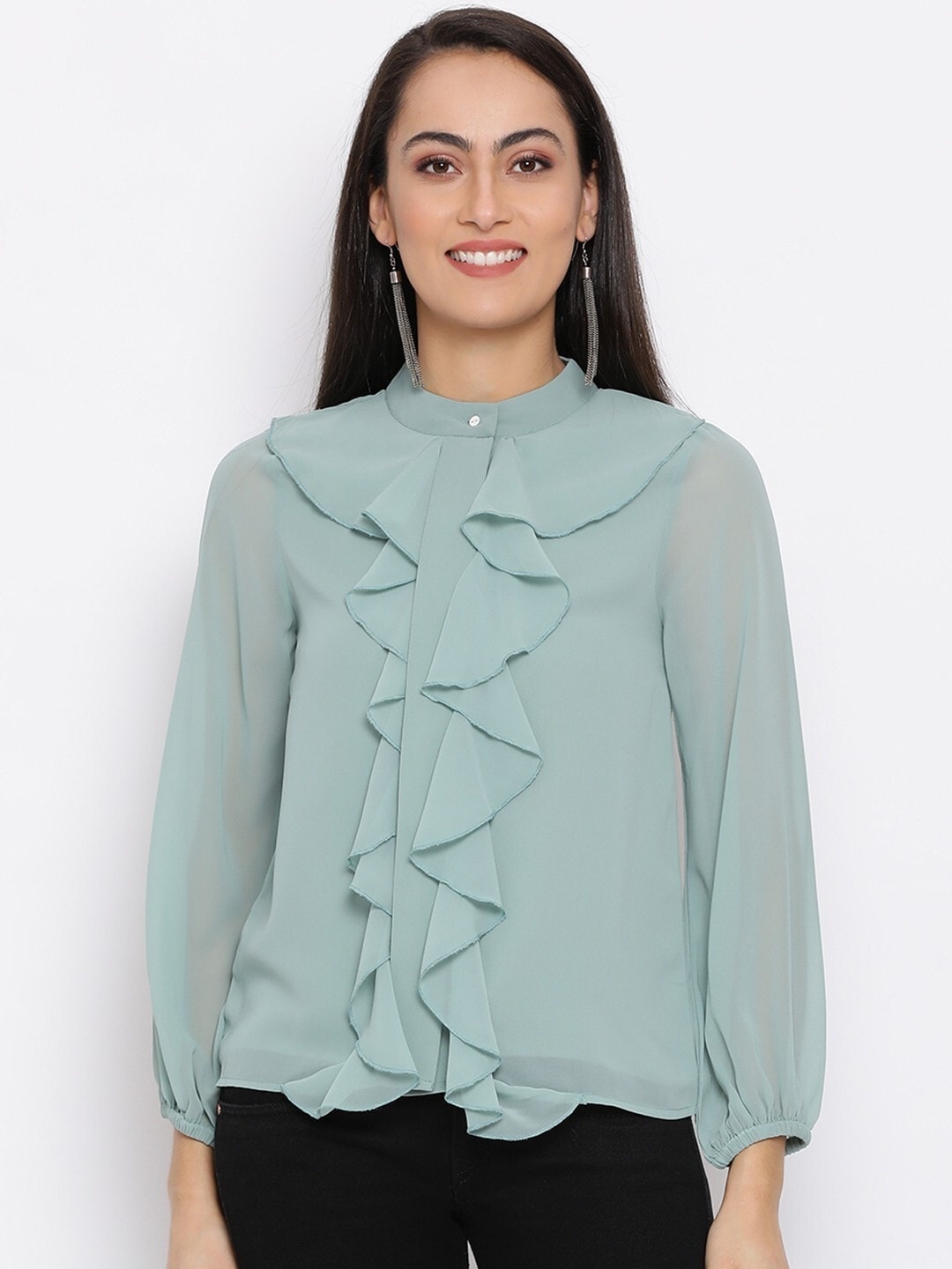 

ALL WAYS YOU Mandarin Collar Ruffle Georgette Shirt Style Top, Green