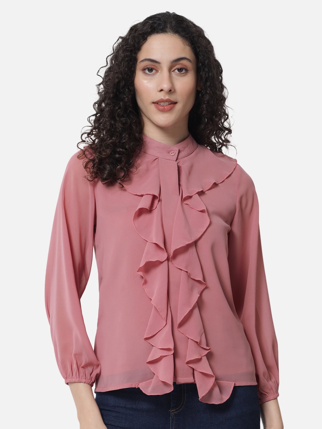 

ALL WAYS YOU Mandarin Collar Ruffles Georgette Shirt Style Top, Pink