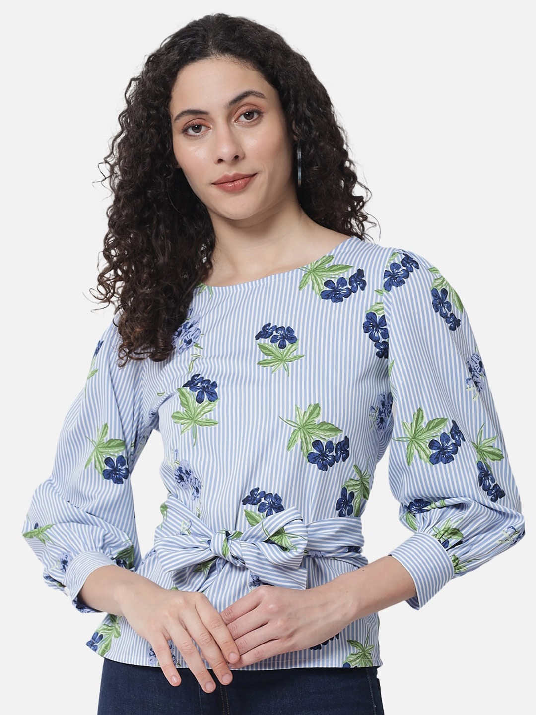 

ALL WAYS YOU Floral Printed Cuffed Sleeves Waist Tie-Ups Top, Blue