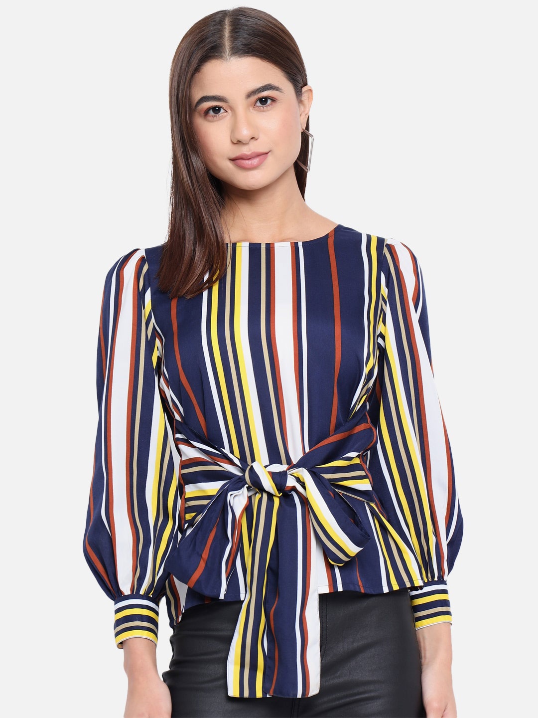 

ALL WAYS YOU Striped Cuffed Sleeves Waist Tie-Ups Top, Navy blue