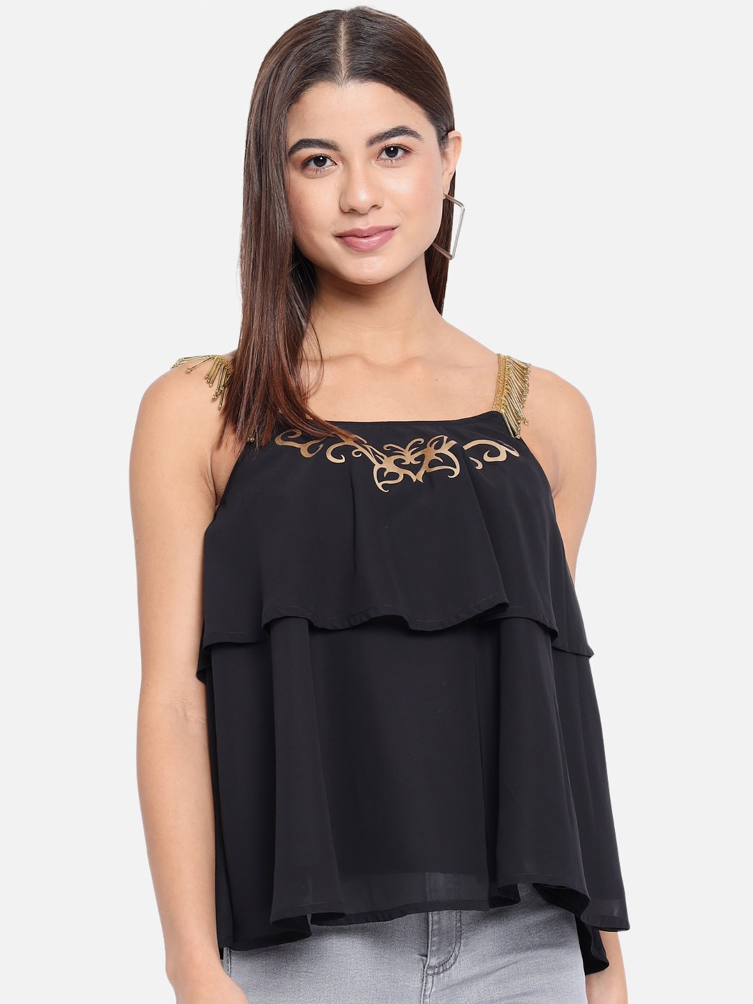 

ALL WAYS YOU Shoulder Straps Embellished Ruffles Tiered Top, Black