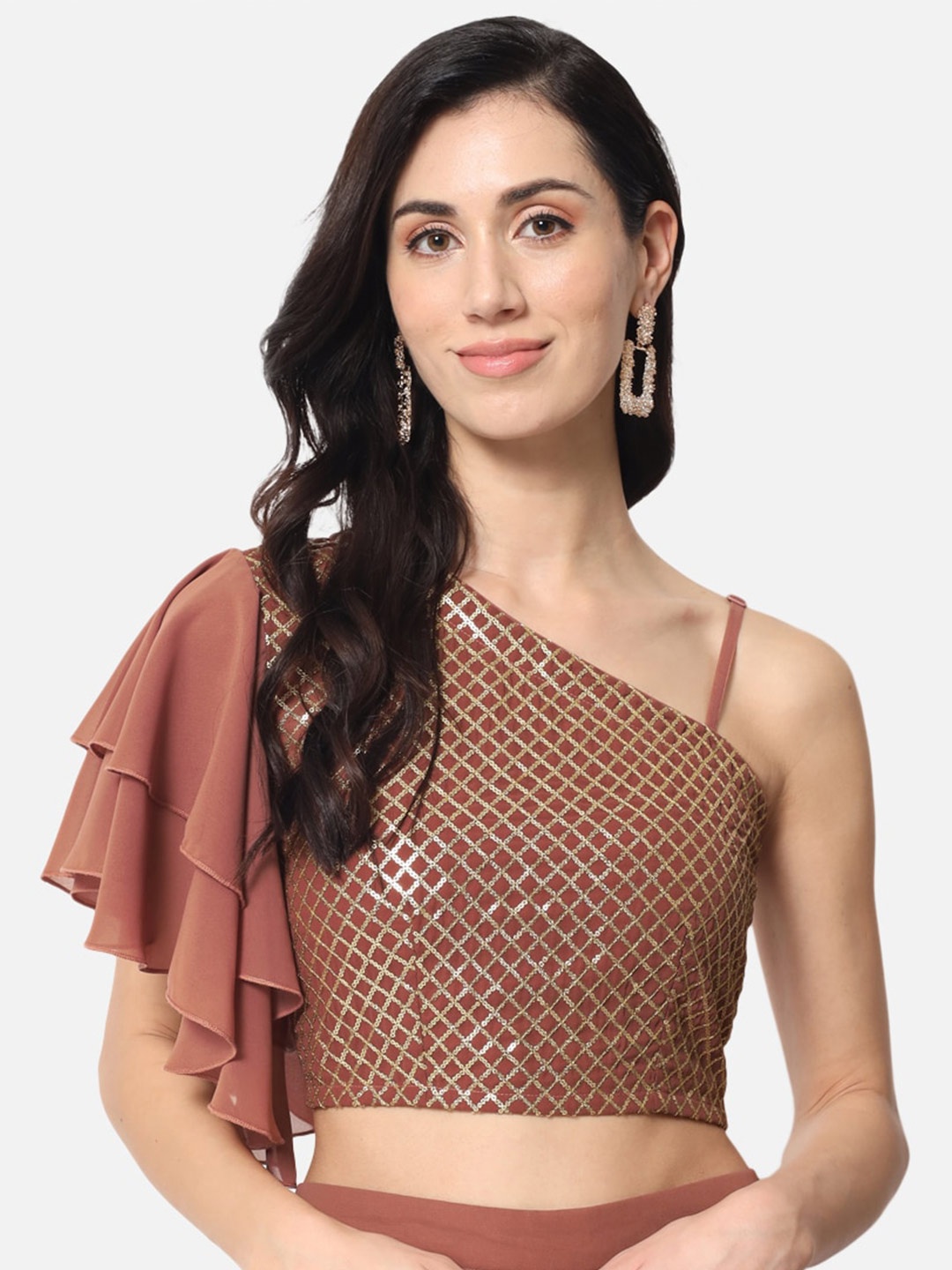 

ALL WAYS YOU Sequnied One Shoulder Flutter Sleeve Georgette Crop Top, Brown