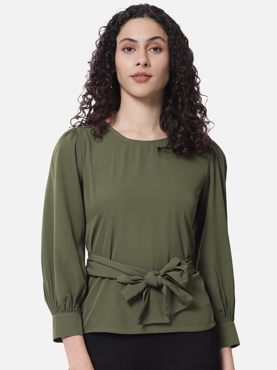 

ALL WAYS YOU Cuffed Sleeves Waist Tie-Up Regular Top, Olive