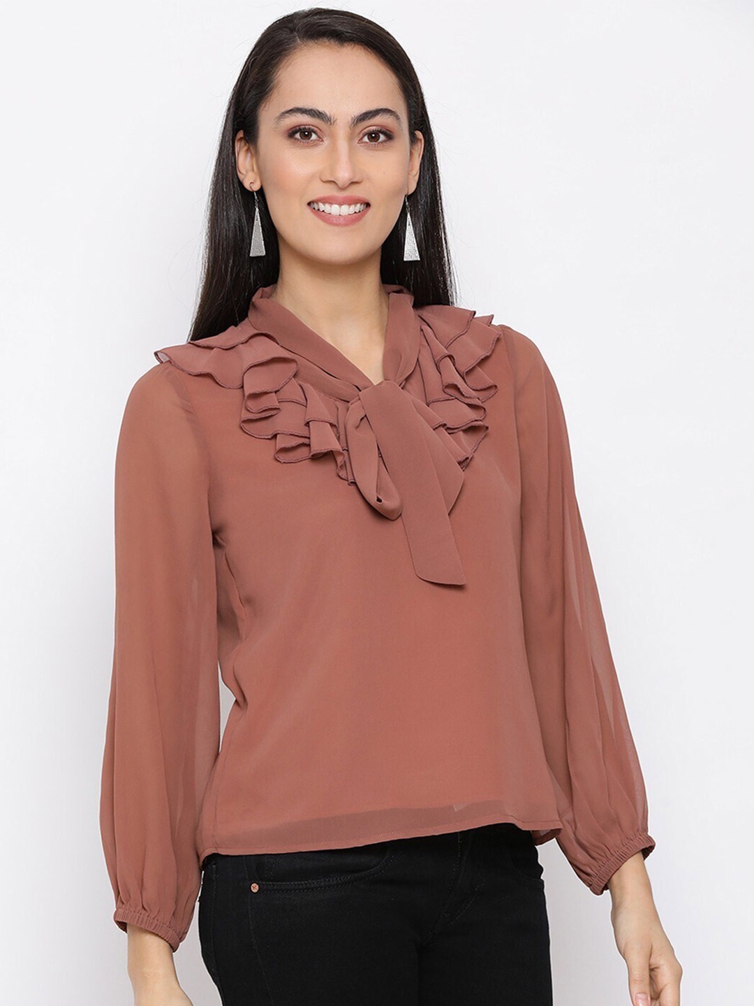 

ALL WAYS YOU Tie-Ups Neck Puffed Sleeves Ruffled Top, Brown