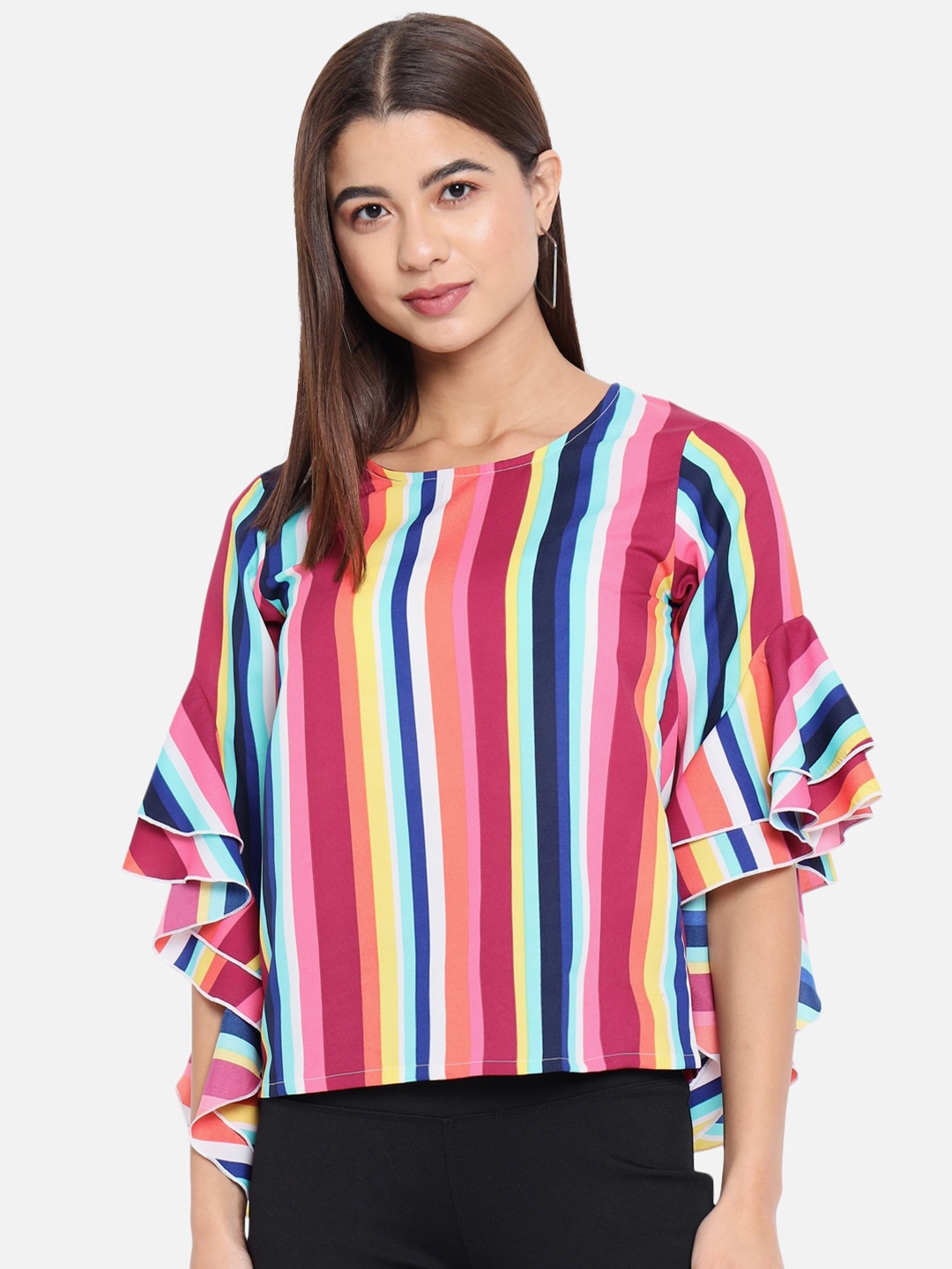 

ALL WAYS YOU Striped Layered Bell Sleeves Crepe Top, Pink