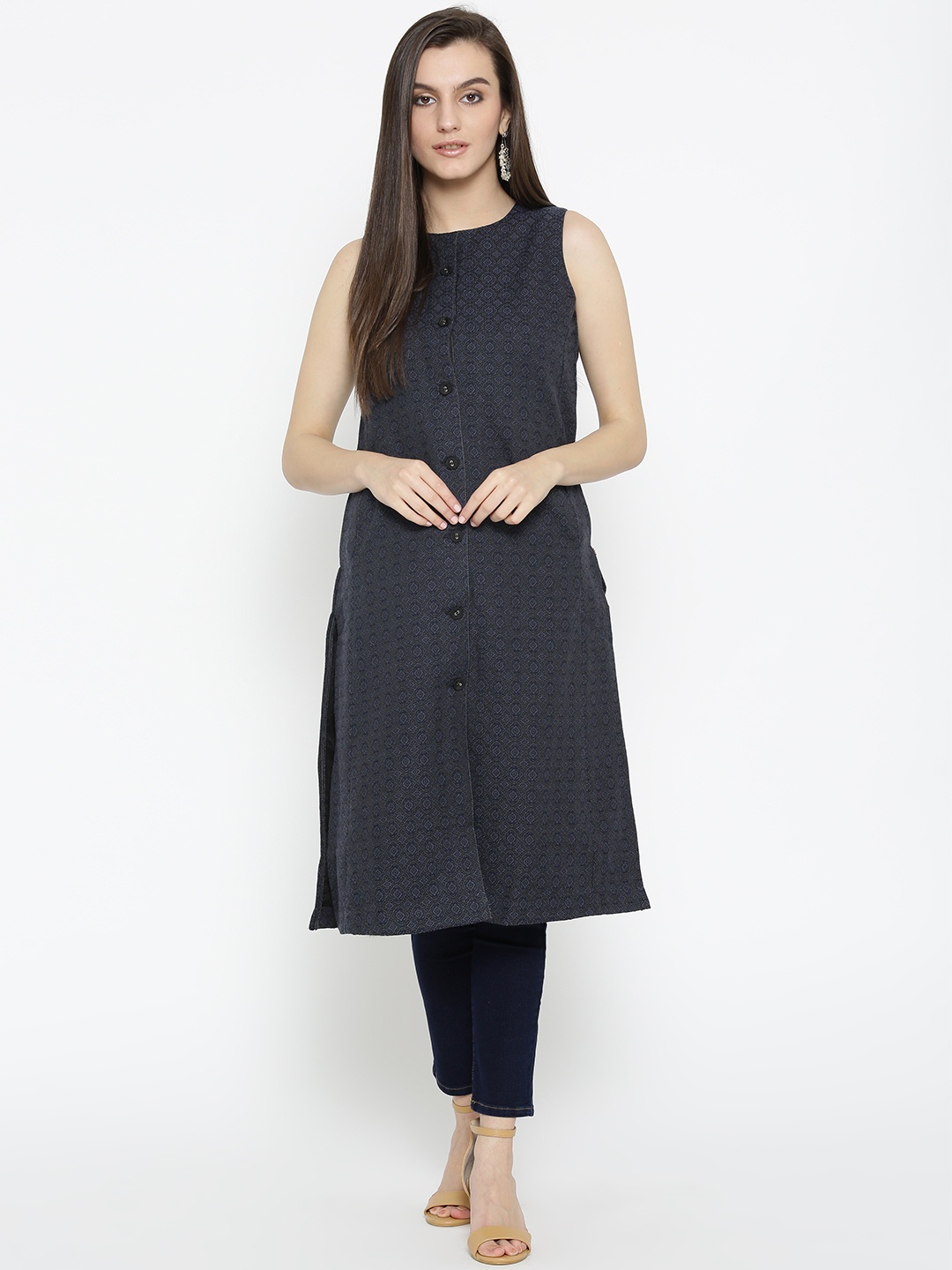 

Biba Women Navy Self-Design Longline Ethnic Jacket, Navy blue