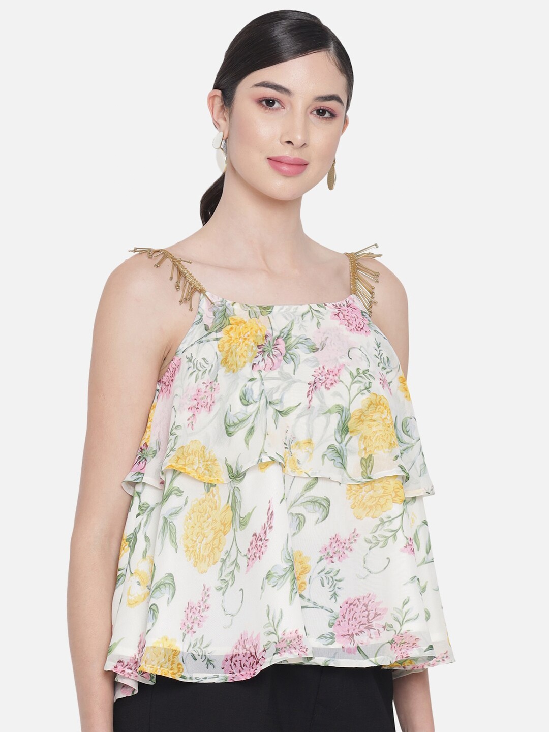 

ALL WAYS YOU Floral Print Two Tiered Embellished Shoulder Straped Georgette A-Line Top, Off white