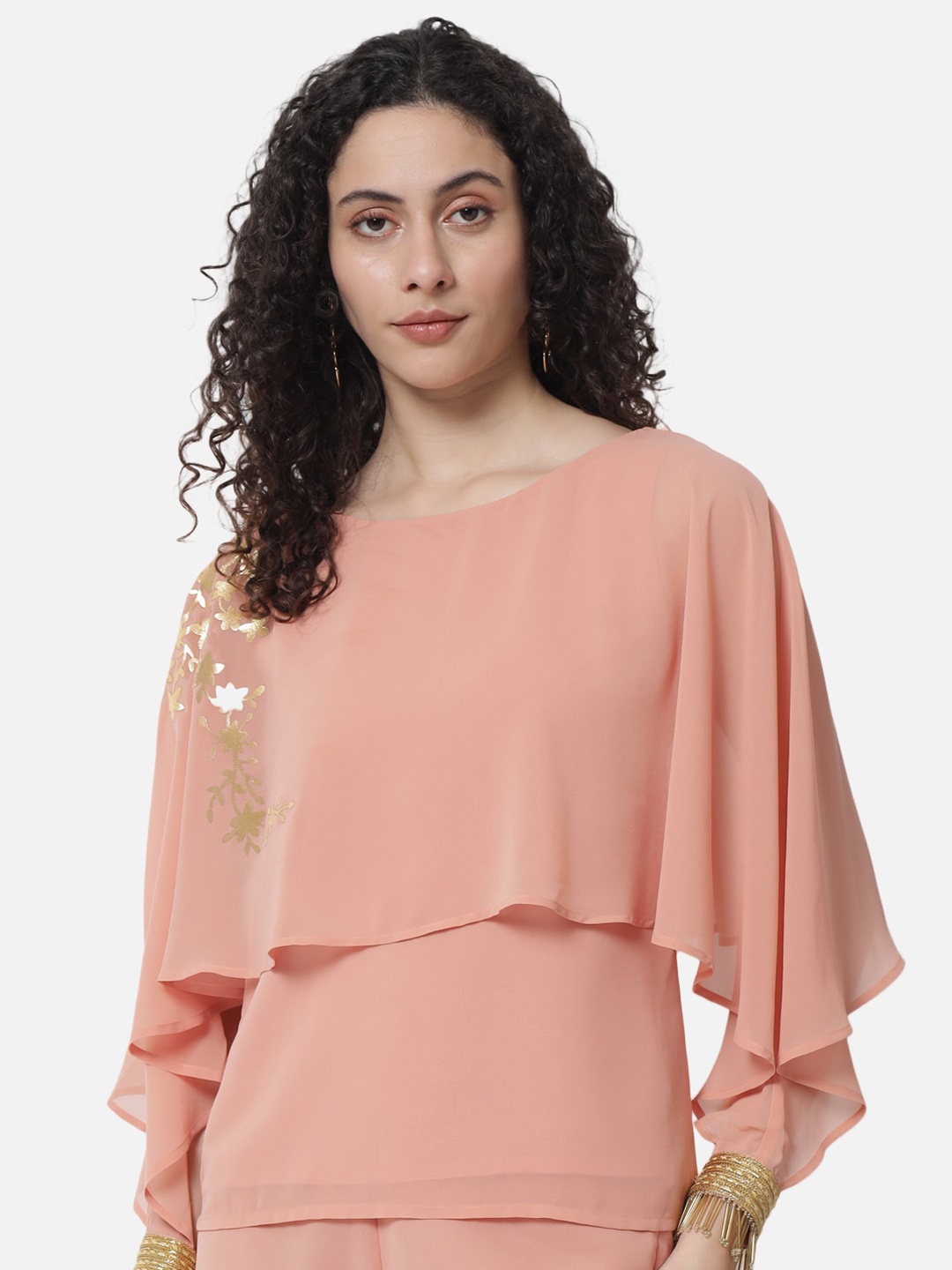 

ALL WAYS YOU Boat Neck Cape Sleeve Floral Printed Georgette Cape Top, Peach