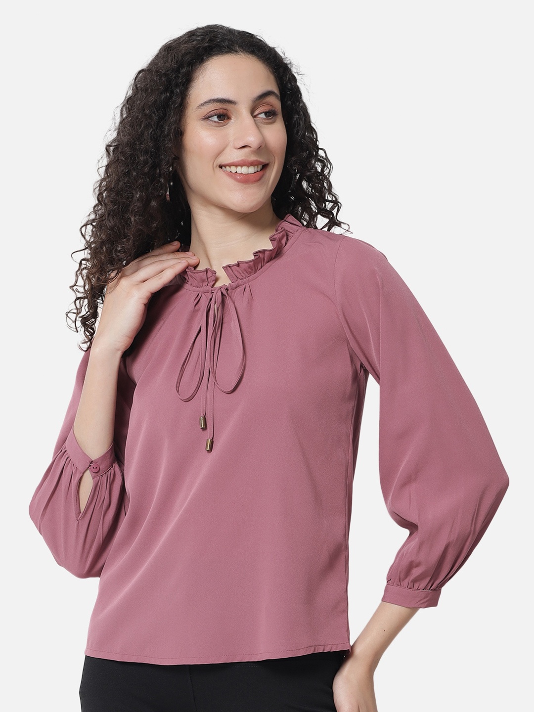 

ALL WAYS YOU Tie-Up Neck Puffed Sleeves Gathers and Pleated Top, Pink