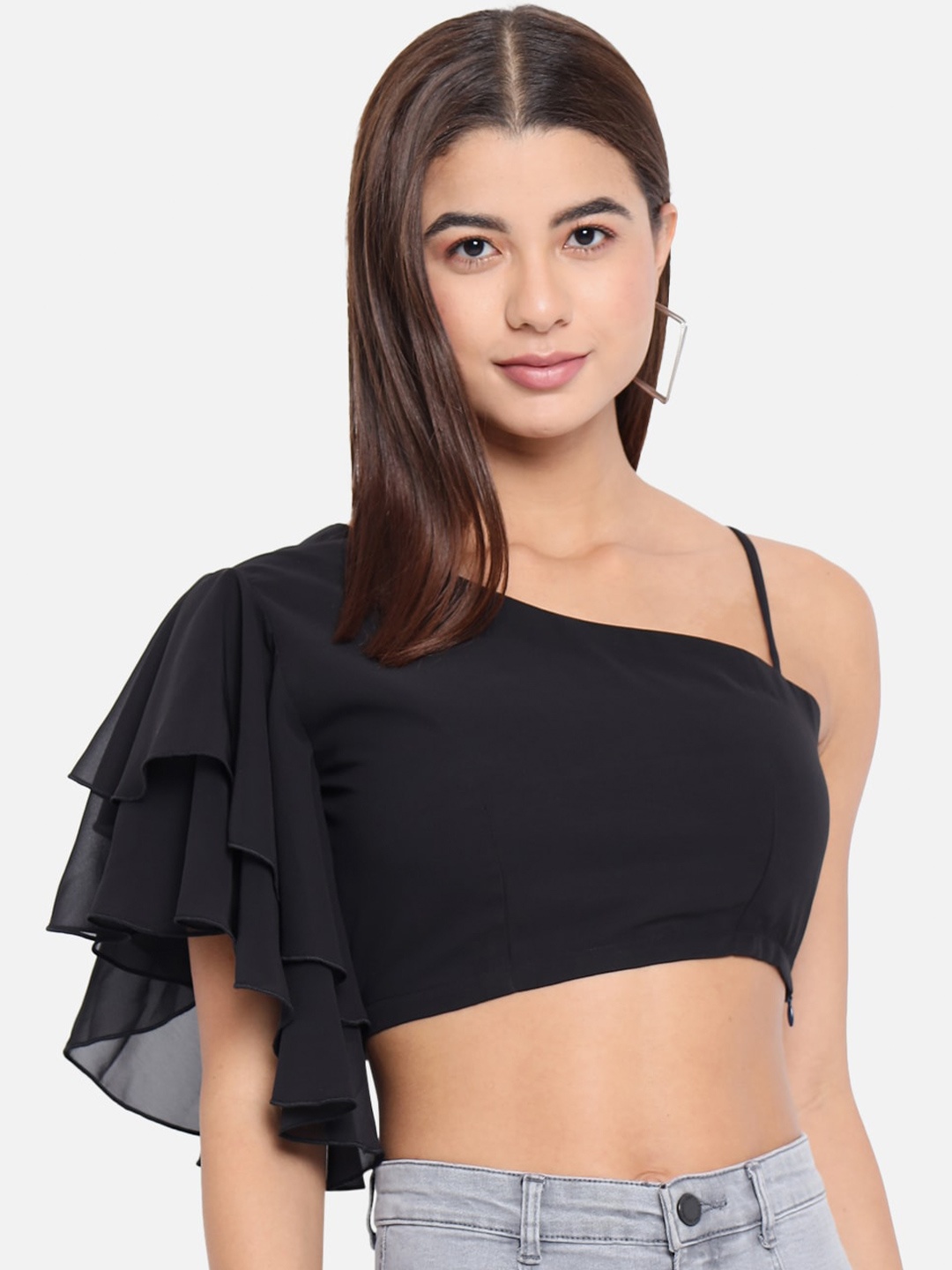 

ALL WAYS YOU One Shoulder Flared Sleeves Layered Ruffled Georgette Crop Top, Black