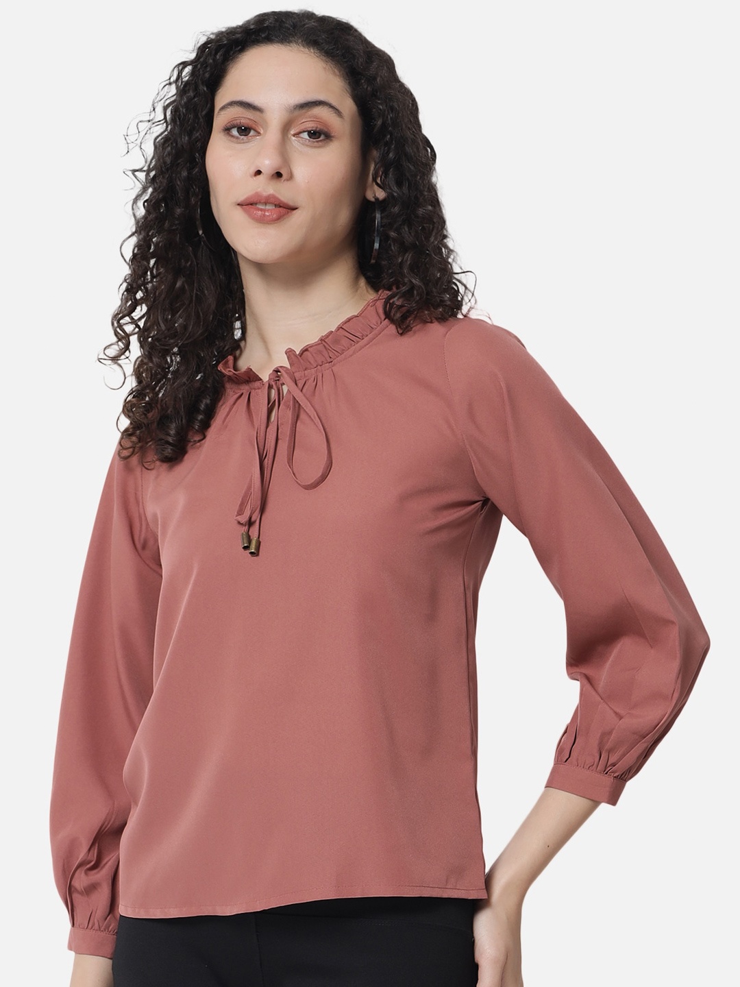 

ALL WAYS YOU Tie-Up Neck Cuffed Sleeves Regular Top, Brown