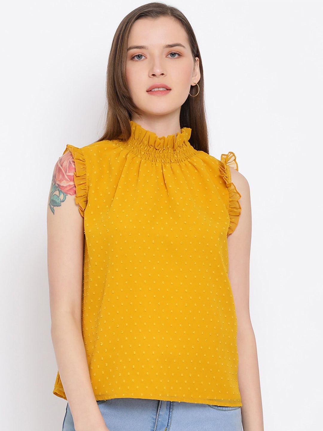 

ALL WAYS YOU Self Design High Neck Ruffled Top, Yellow