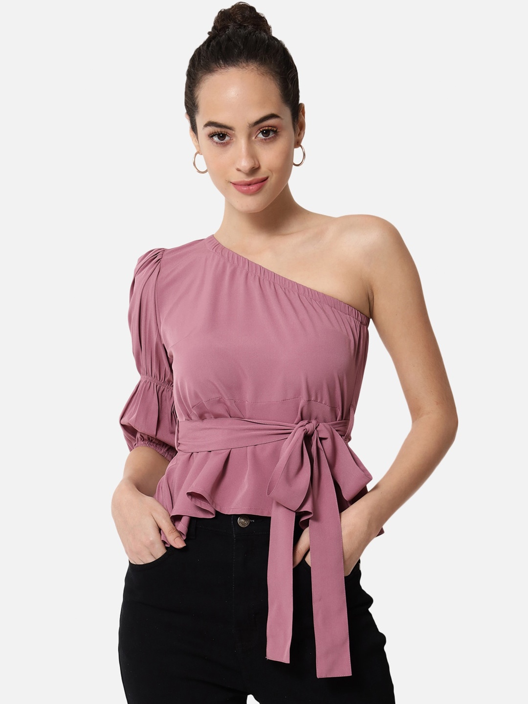 

ALL WAYS YOU One Shoulder Puff Sleeve Cinched Waist Top, Mauve