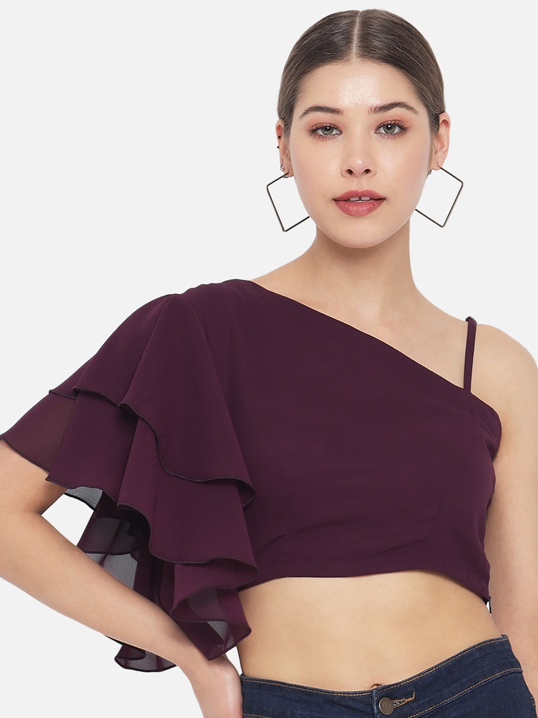 

ALL WAYS YOU One Shoulder Flutter Sleeve Georgette Crop Top, Purple