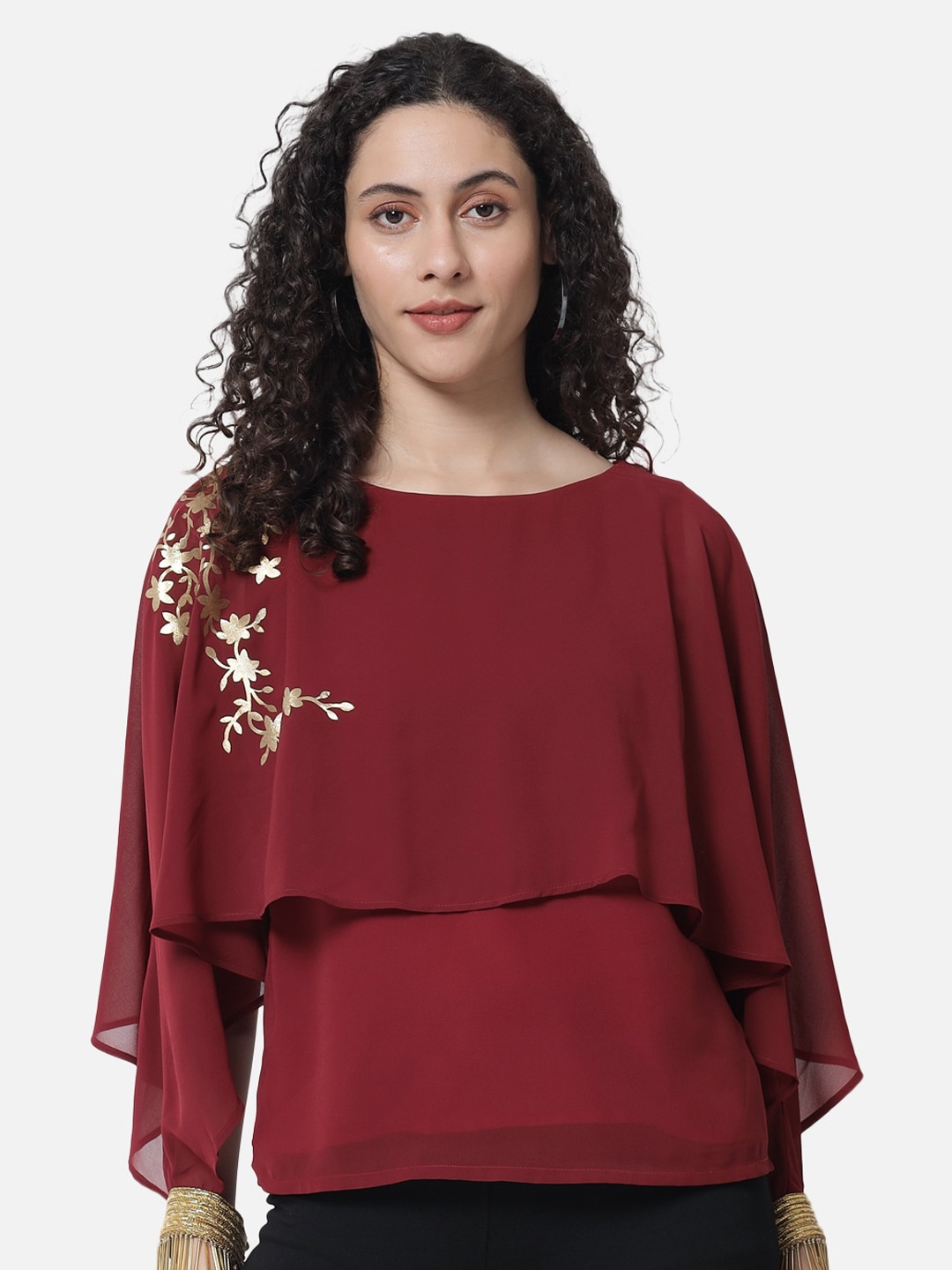 

ALL WAYS YOU Floral Printed Cape Sleeves Tiered Top, Red