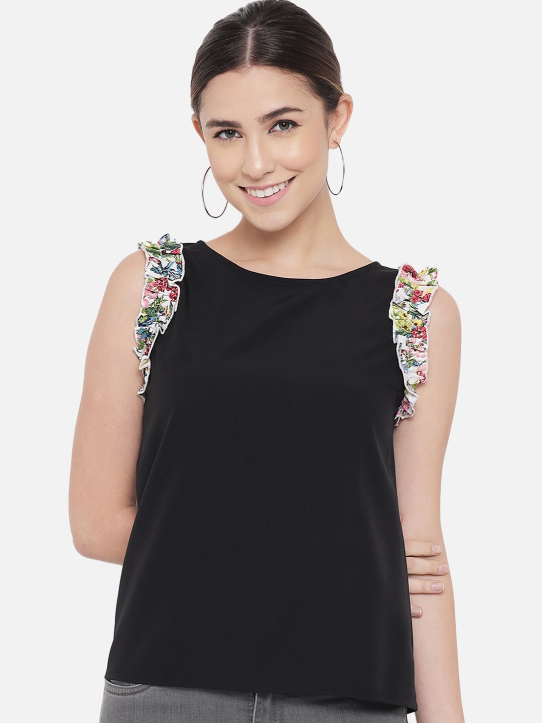

ALL WAYS YOU Round Neck Tie-Up Ruffles Crepe Top, Black