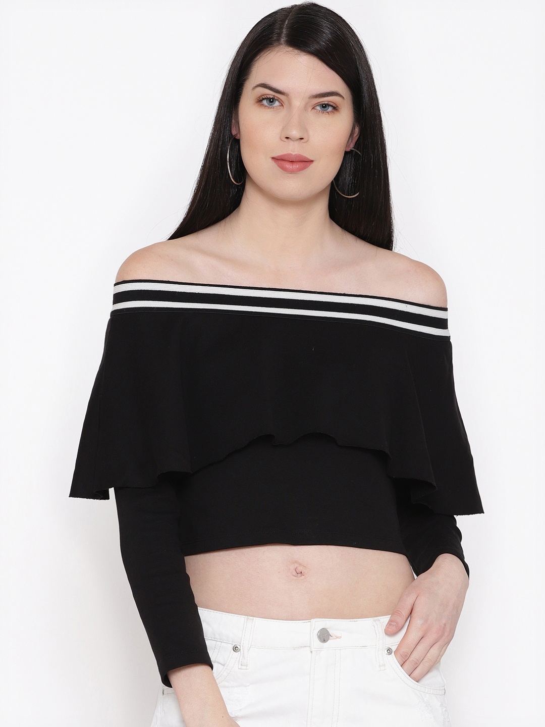 

AND Women Black Solid Bardot Crop Top