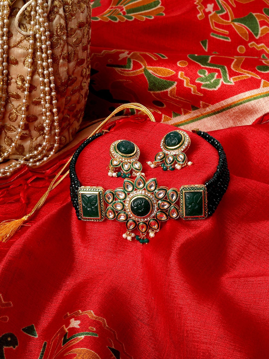 

ROHINIKA Gold-Plated Stone-Studded & Pearl-Beaded Jewellery Set