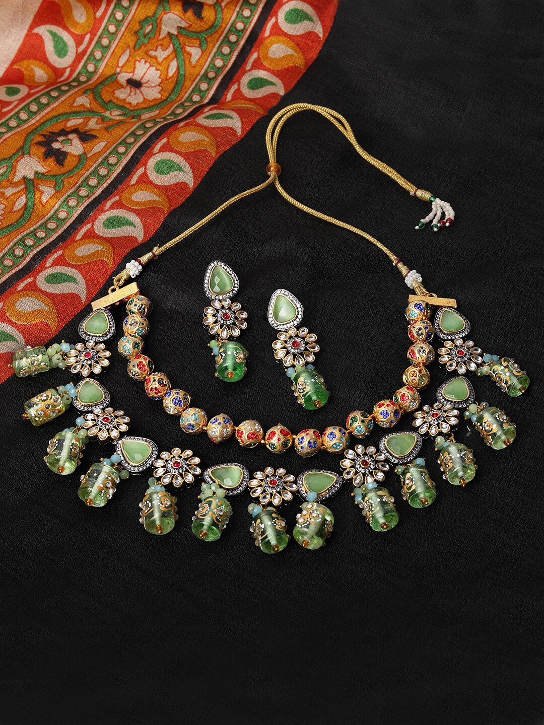 

ROHINIKA Gold-Plated Kundan-Studded & Pearl Beaded Jewellery Set, Green