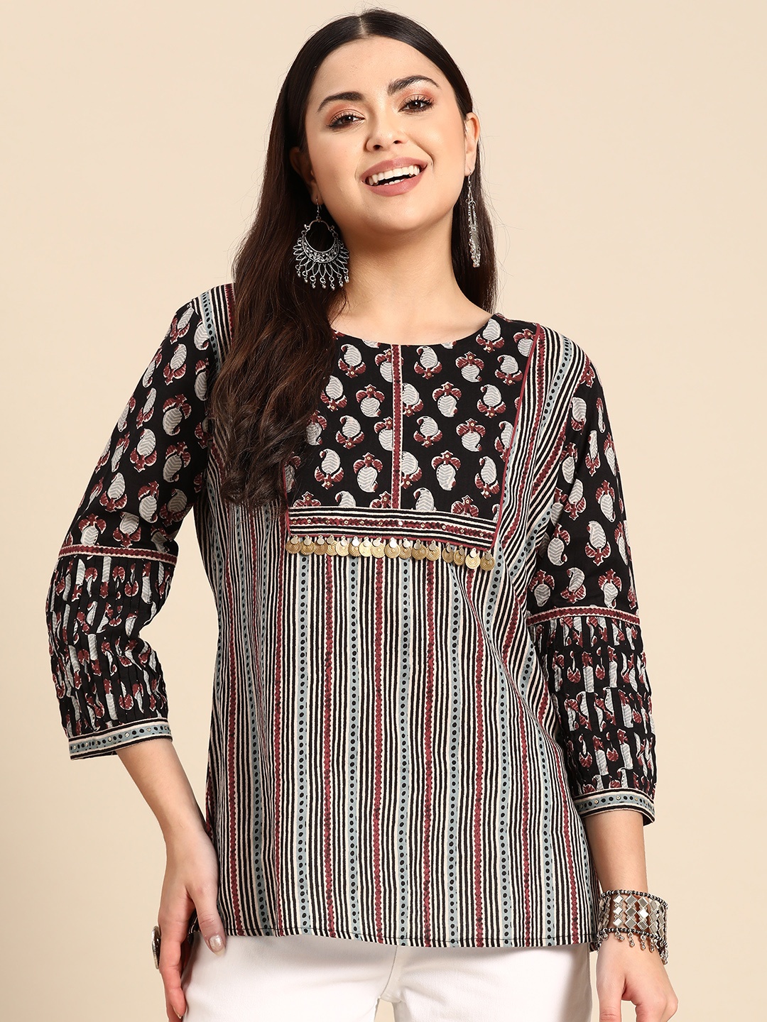 

INDYES Ethnic Motifs Printed Sequinned Pure Cotton Sequinned Kurti, Multi