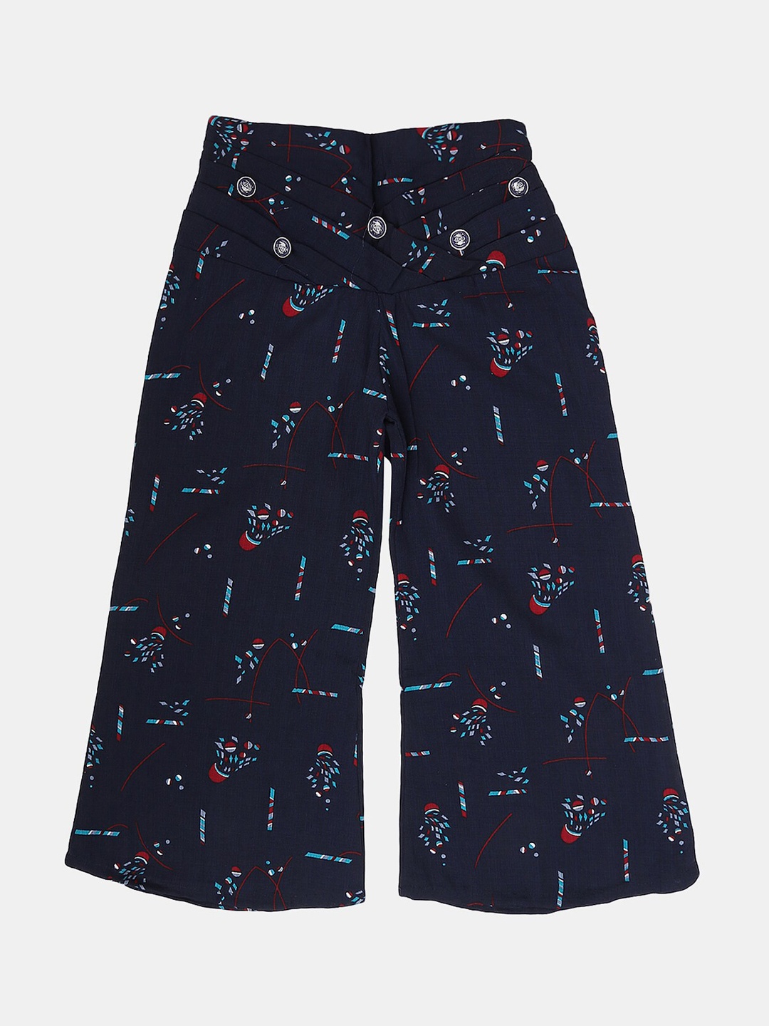 

V-Mart Girls Printed Pleated Flared High-Rise Parallel Trousers, Navy blue