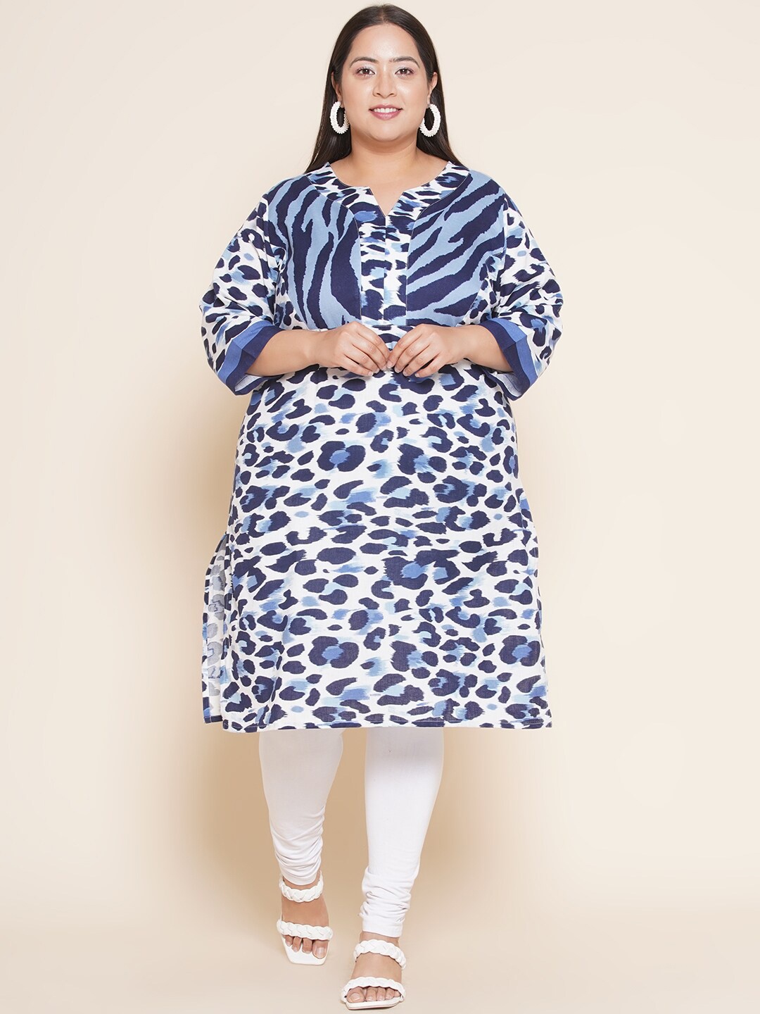 Kiaahvi by JOHN PRIDE Plus Size Printed Notched Neck Pure Cotton Kurta, White
