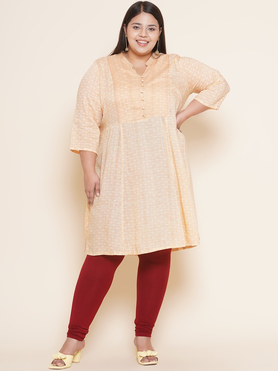 

Kiaahvi by JOHN PRIDE Plus Size Geometric Printed Modal Pleated Kurti, Peach