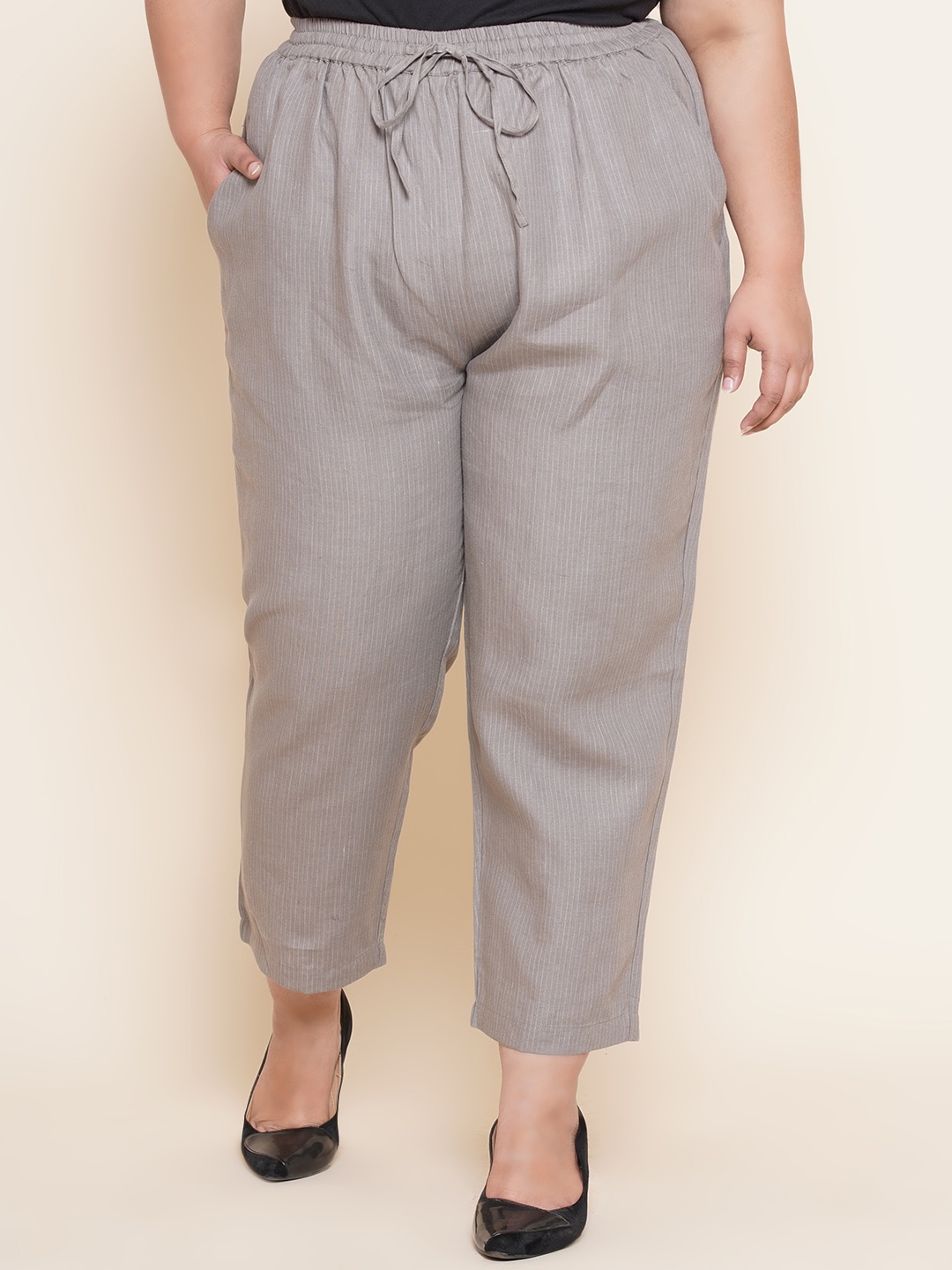 

Kiaahvi by JOHN PRIDE Women Plus Size Textured Loose Fit Pleated Trousers, Grey