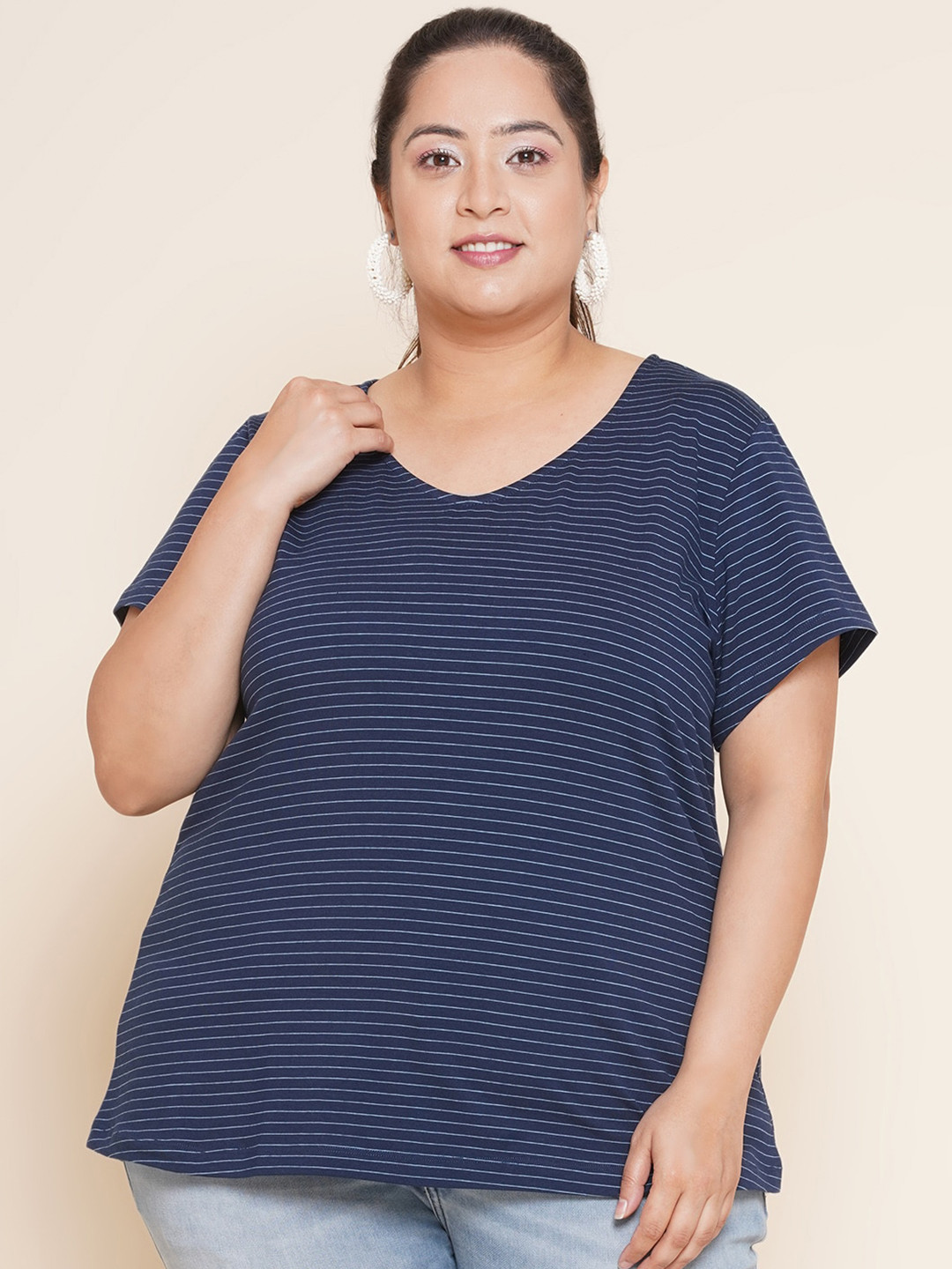 

Kiaahvi by JOHN PRIDE Plus Size Striped V-Neck Casual T-shirt, Navy blue