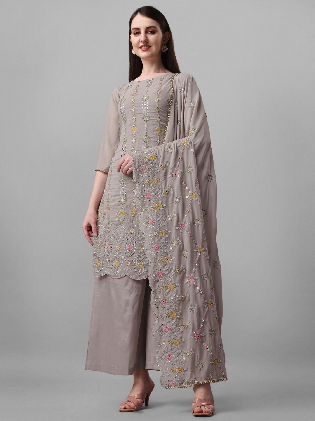 

JATRIQQ Floral Embroidered Mirror Work Silk Georgette Unstitched Dress Material, Grey