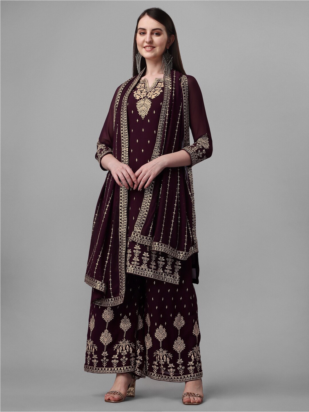 

JATRIQQ Floral Embroidered Silk Georgette Unstitched Dress Material, Purple