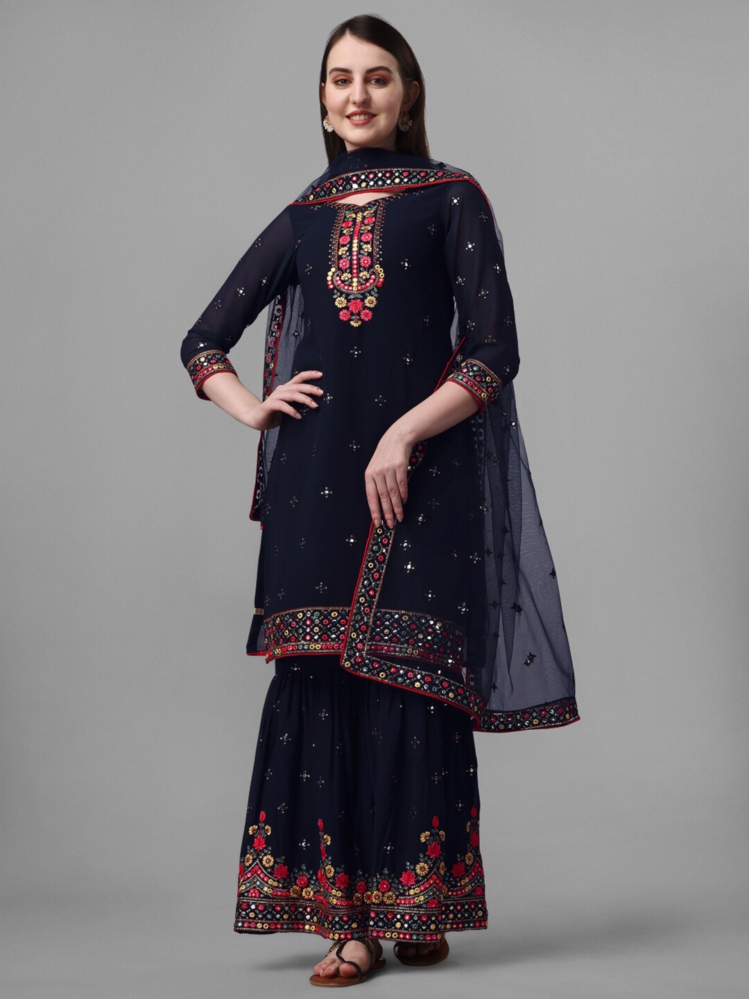 

JATRIQQ Floral Embroidered Silk Georgette Unstitched Dress Material, Navy blue