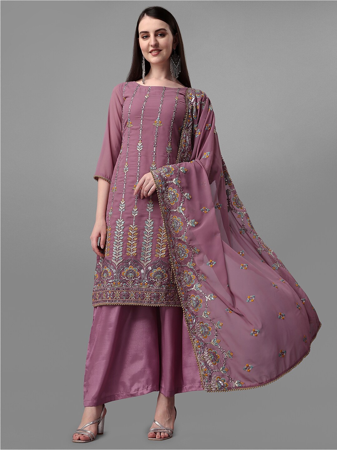 

JATRIQQ Floral Embroidered Silk Georgette Unstitched Dress Material, Rose gold
