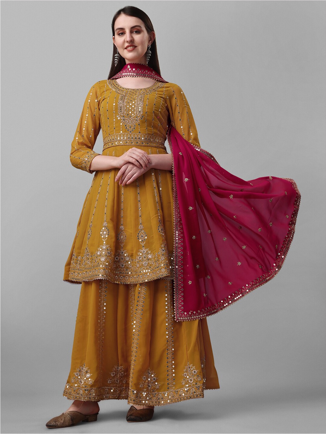 

JATRIQQ Floral Embroidered Silk Georgette Unstitched Dress Material, Yellow