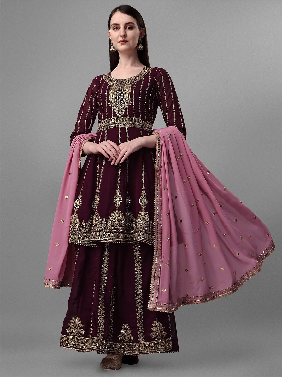 

JATRIQQ Floral Embroidered Silk Georgette Unstitched Dress Material, Purple