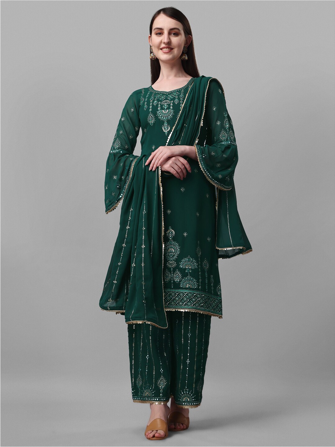 

JATRIQQ Floral Embroidered Silk Georgette Unstitched Dress Material, Teal