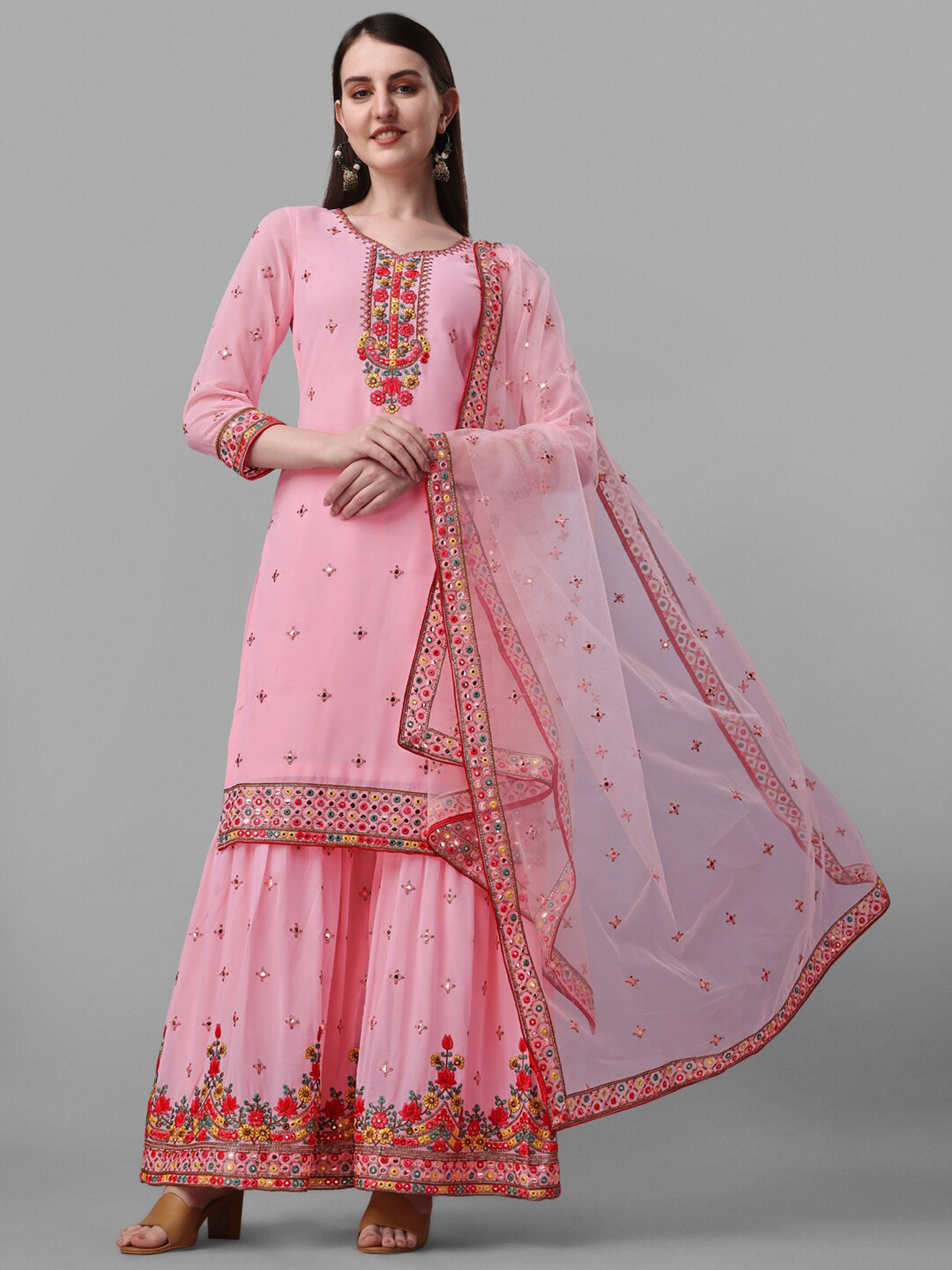 

JATRIQQ Floral Embroidered Silk Georgette Unstitched Dress Material, Pink