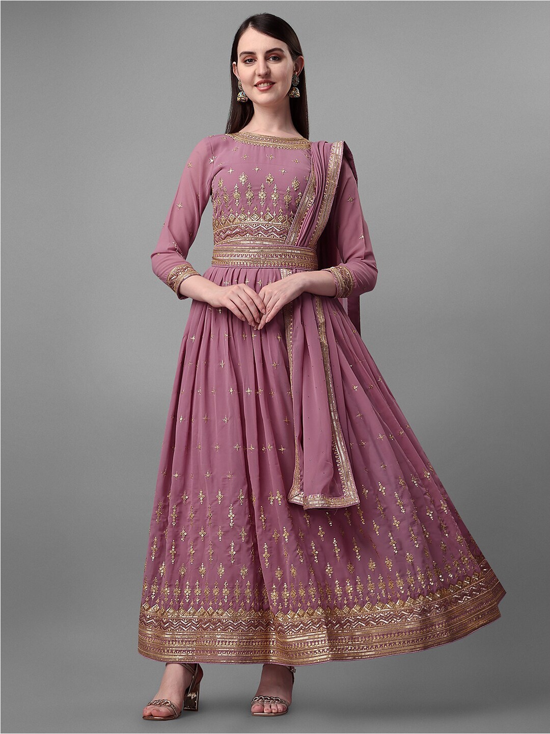 

JATRIQQ Floral Embroidered Silk Georgette Unstitched Dress Material, Rose gold