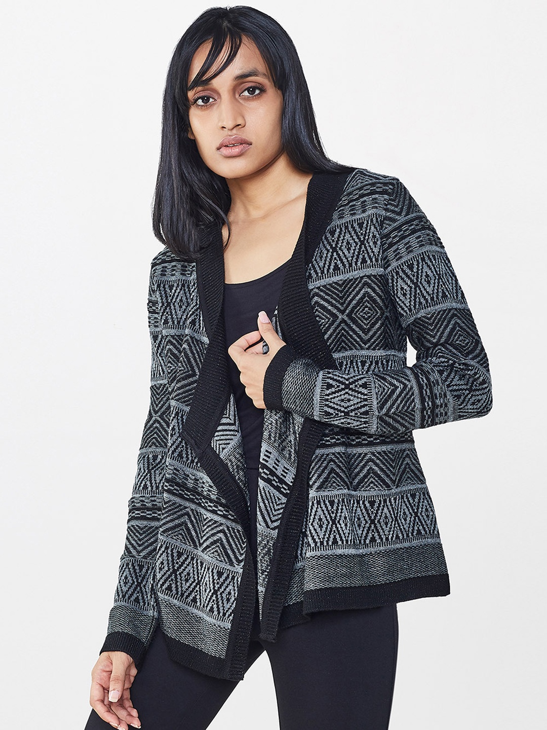 

AND Grey & Black Self Design Open Front Shrug