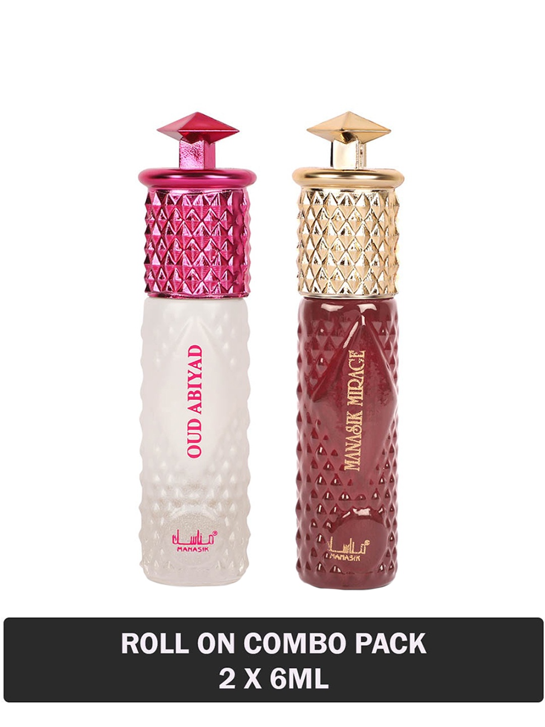 

MANASIK Set Of 2 Long Lasting Attars - 6 ml Each - Oud Abiyad & Mirage, Red
