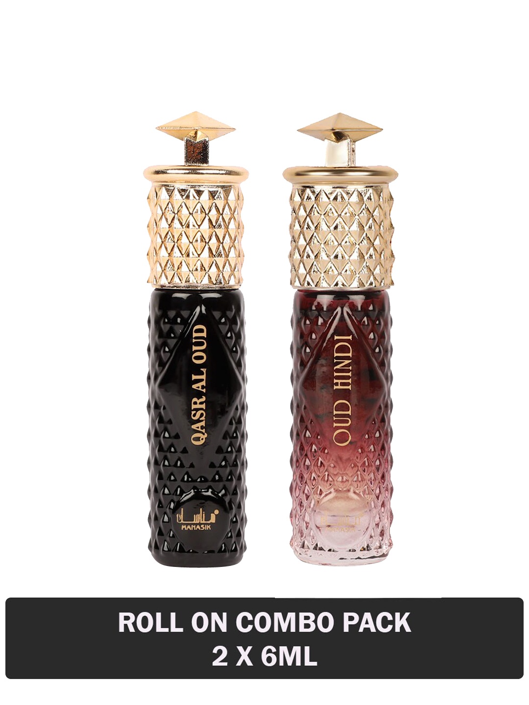 

MANASIK Set Of 2 Long Lasting Attars - 6 ml Each - Qasr Al Oud & Oud Hindi, Black