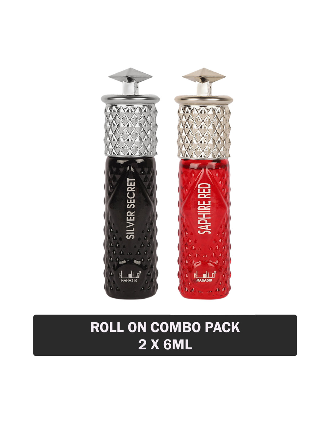 

MANASIK Set Of 2 Long Lasting Attars - 6 ml Each - Silver Secret & Saphire Red, Black
