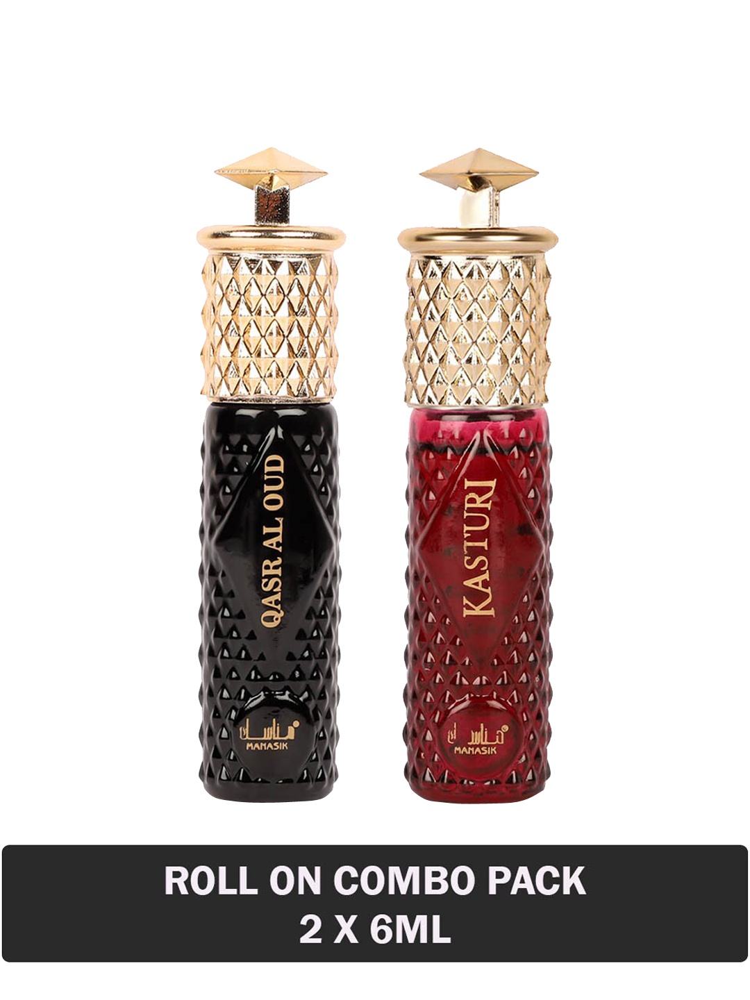 

MANASIK Set Of 2 Long-Lasting Roll-On Attars 6ml Each- Qasr Al Oud & Kasturi, Black