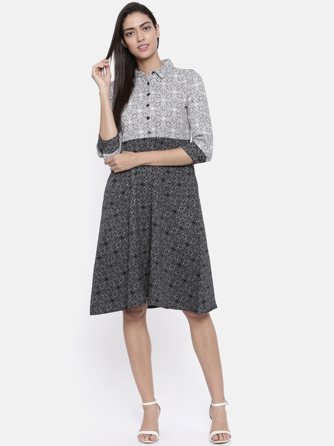 

AND Women White & Black Printed Shirt Dress