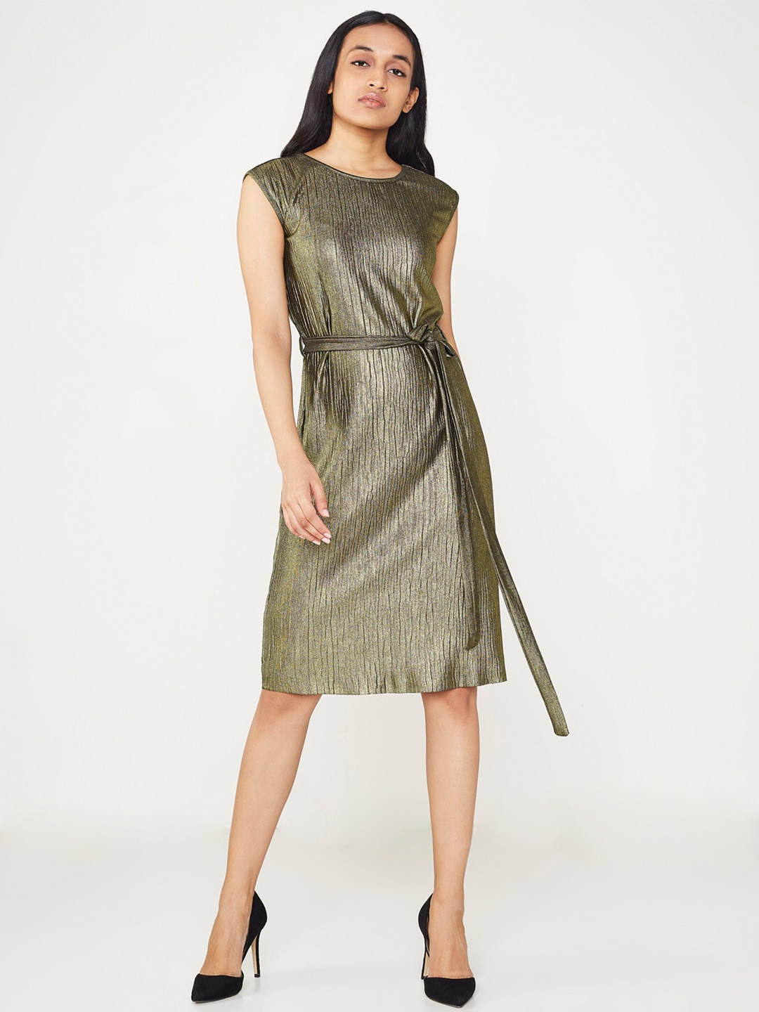 

AND Women Gold-Toned Solid A-Line Dress