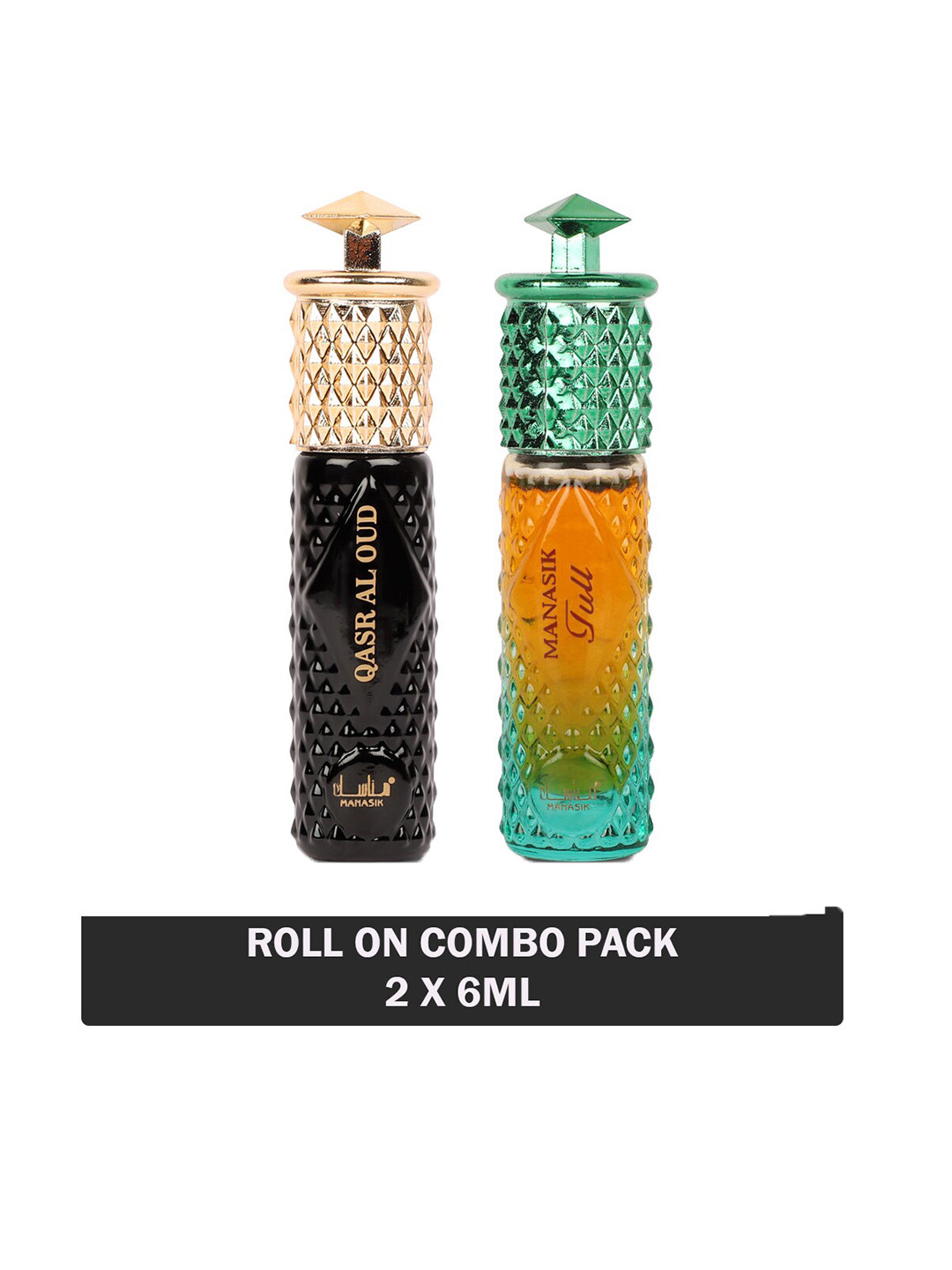 

MANASIK Set Of 2 Long-Lasting Roll-On Attars 6ml Each- Qasr Al Oud & Full, Black