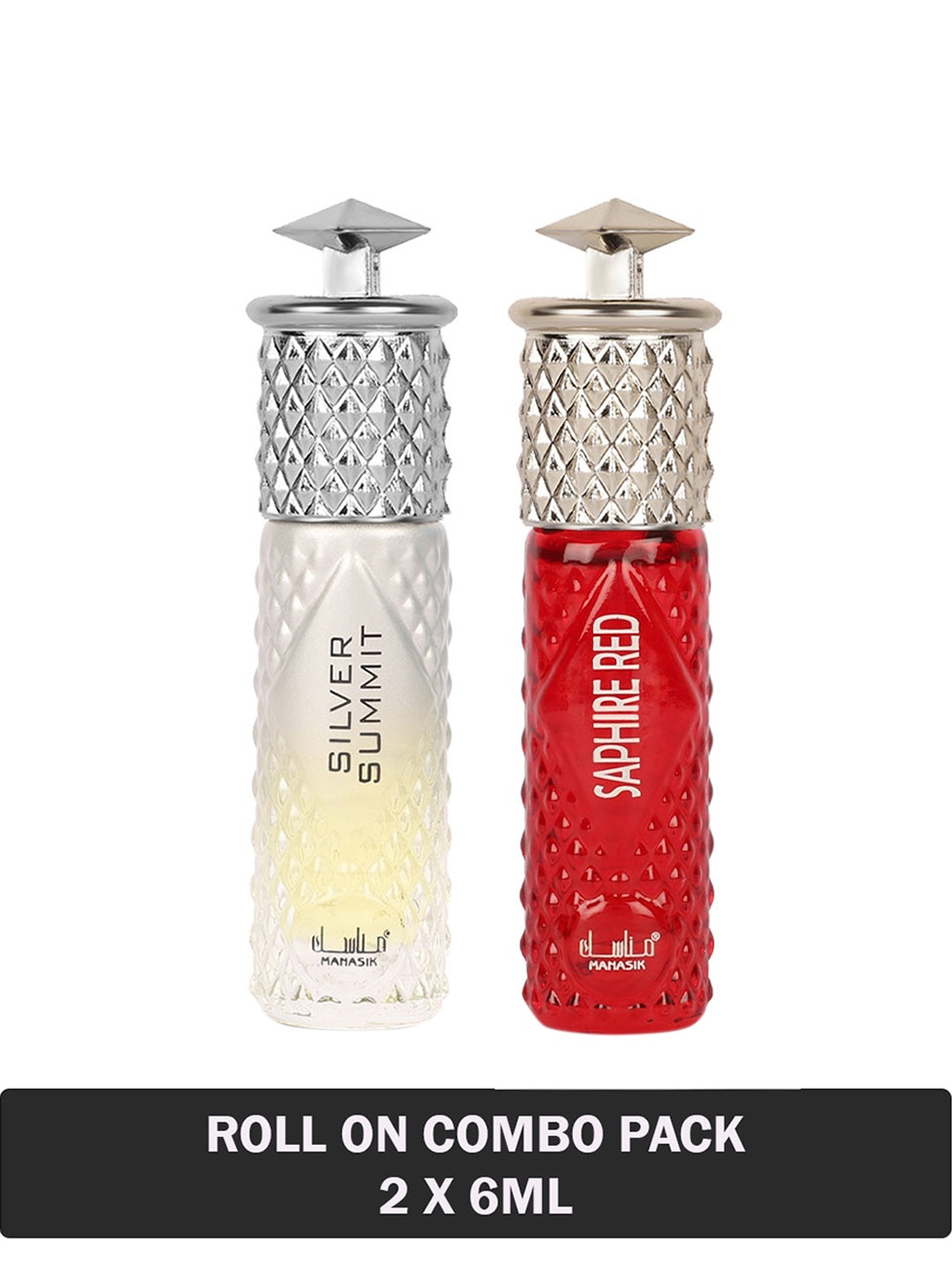 

MANASIK Set Of 2 Long Lasting Attars - 6 ml Each - Silver Summit & Saphire Red